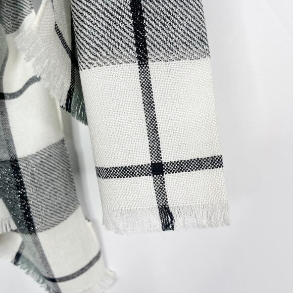 New Talbots Cream Gray Black Windowpane Plaid Scarf Shimmer Wool Blend Fringe - Picture 4 of 10